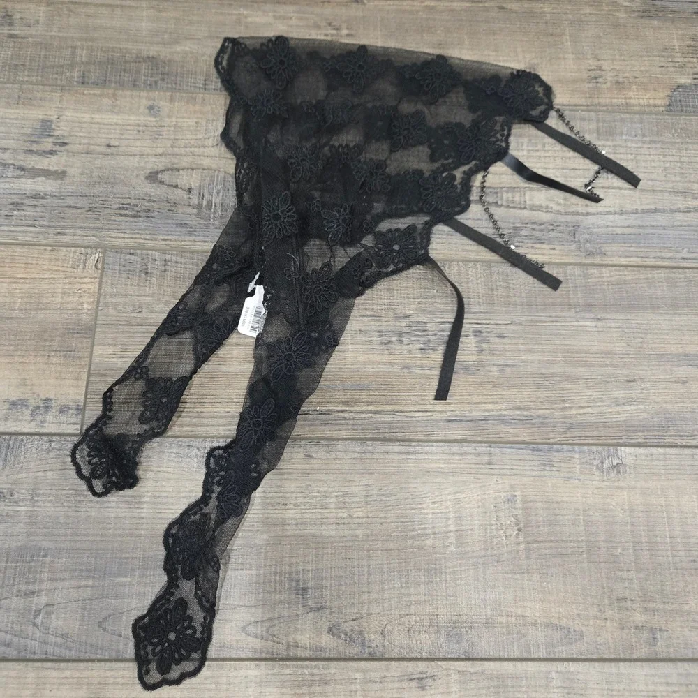 Free People Black Sheer Lace Floral Embroidered Headband Scarf Hood Chain NWT